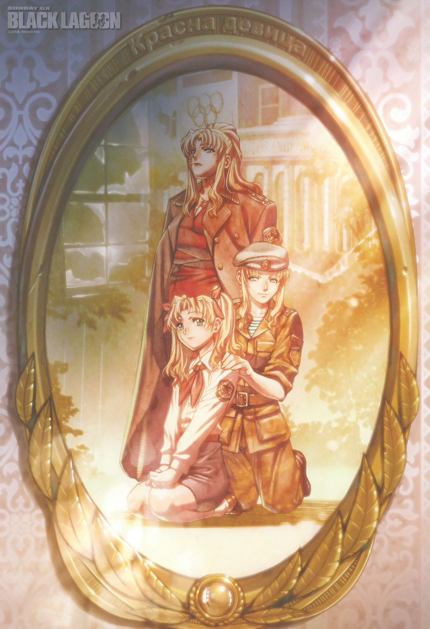 absurdres balalaika_(black_lagoon) beret black_lagoon blonde_hair blue_eyes crossed_arms dual_persona formal hair_ribbon hands_on_shoulders hat highres hiroe_rei jacket_on_shoulders kneeling military military_uniform miniskirt mole mole_under_eye multiple_girls official_art older picture_(object) picture_frame ponytail ribbon scar seiza sepia sitting skirt skirt_suit sleeves_rolled_up smile suit teenage twintails uniform younger