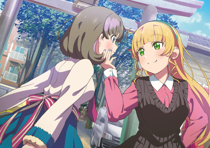 2girls absurdres al_aoi_aoba blonde_hair blue_eyes blue_nails blush chin_grab city cloud commentary_request couple day eye_contact face-to-face green_eyes grey_hair ground_vehicle hand_on_another's_chin heanna_sumire highres huge_filesize long_hair looking_at_another looking_at_viewer love_live! love_live!_superstar!! motor_vehicle multiple_girls nail_polish outdoors road school_uniform short_hair sky street tang_keke torii tree van yuigaoka_school_uniform yuri