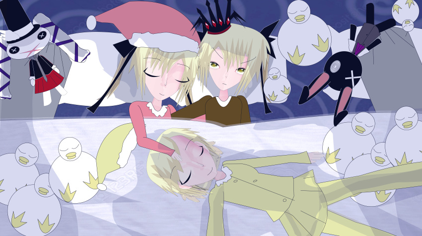 absurdres amy androgynous bed bed_sheet bird blonde_hair doll duck duckling highres koshimizu multiple_girls self_upload