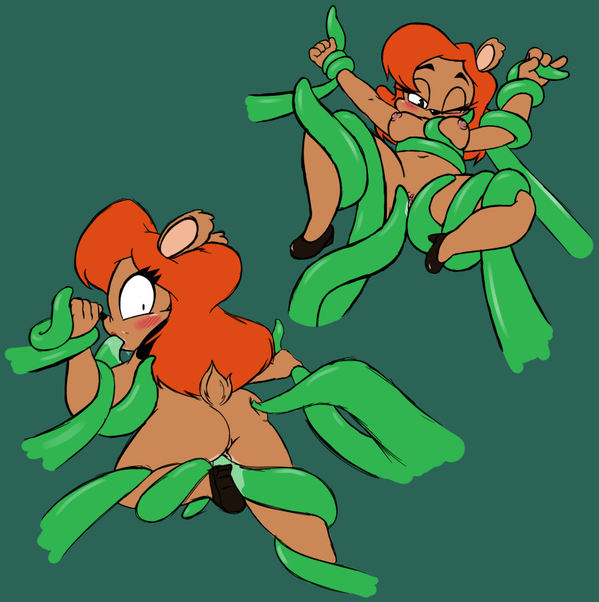 2019 anthro blush breasts brown_body brown_fur butt clothing female footwear footwear_only four-pundo fur genitals green_background hair hi_res julie_bruin mammal mostly_nude nipples oral oral_penetration orange_hair penetration pussy rear_view shoes shoes_only simple_background solo tentacle_in_mouth tentacle_in_pussy tentacle_penetration tentacle_sex tentacles tiny_toon_adventures ursid vaginal vaginal_penetration warner_brothers