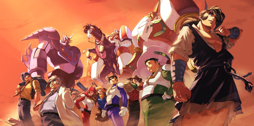 2girls 6+boys bangs black_hair blonde_hair blue_eyes coat cowboy_hat everyone fat fat_man getter_robo grey_hair hat highres ichimonji_gou jack_king jin_hayato labcoat looking_ahead mary_king masamichi_gai mecha multiple_boys multiple_girls nagare_ryoma neo_getter-1 pasture_king pilot_suit professor_saotome science_fiction shin_getter-1 shin_getter_robo_vs_neo_getter_robo short_hair smile super_robot tachibana_shou texas_mack undercut vldhomecenter white_coat