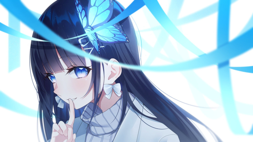 1girl aoi_nabi bangs black_hair blue_eyes bow bow_earrings earrings eyebrows_visible_through_hair finger_to_mouth grey_sweater hair_behind_ear highres indie_virtual_youtuber jewelry long_hair looking_at_viewer parted_lips ribbon shushing silver_jacket smile solo sweater the_cold turtleneck turtleneck_sweater virtual_youtuber