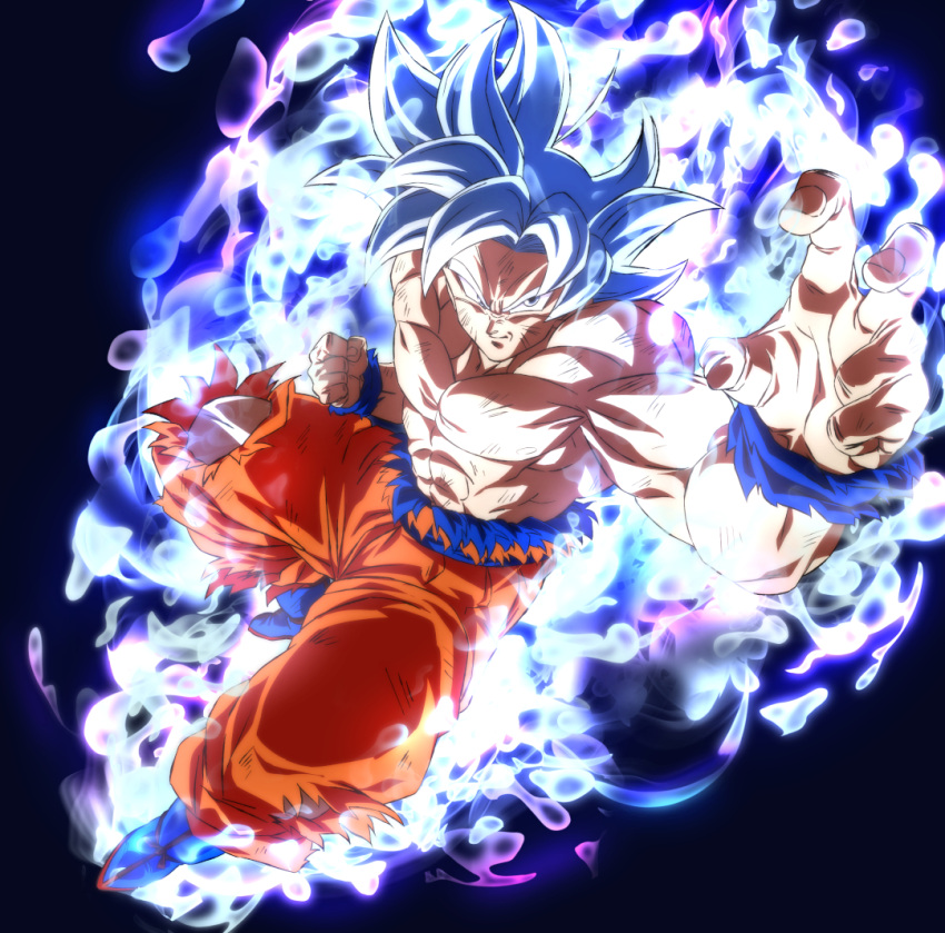 1boy aura battle_damage clenched_hand closed_mouth dragon_ball dragon_ball_super fighting_stance male_focus pants pectorals rom_(20) shirtless solo son_goku torn_clothes torn_pants ultra_instinct white_hair