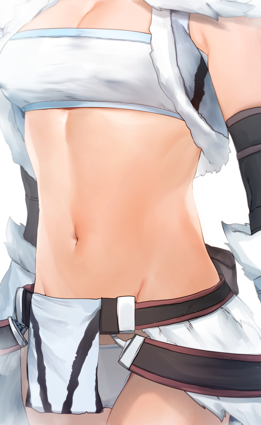 absurdres belt breasts cleavage close-up cowboy_shot cropped_vest fur-trimmed_vest fur_trim head_out_of_frame highres kirin_(armor) monster_hunter_(series) navel niwarizumu open_clothes open_vest panties smile stomach strapless tubetop underwear vest white_panties