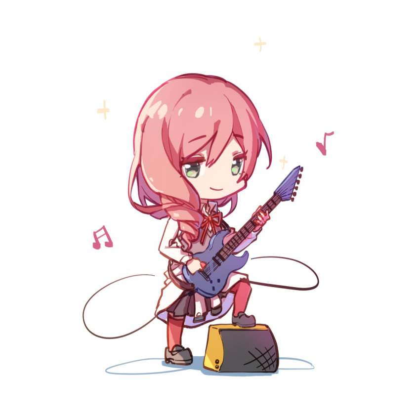 1girl amplifier_(instrument) bang_dream! bangs beamed_sixteenth_notes cable chibi closed_mouth clothes_around_waist collared_shirt drill_hair eighth_note electric_guitar eyebrows_visible_through_hair full_body green_eyes grey_footwear grey_skirt grey_vest guitar hair_between_eyes hair_over_shoulder highres holding holding_instrument holding_plectrum instrument jacket jacket_around_waist kudou_haruka_(seiyuu) leg_up long_hair long_sleeves looking_at_viewer miniskirt music musical_note neck_ribbon pink_hair playing_instrument pleated_skirt plectrum red_legwear red_neckwear red_ribbon ribbon school_uniform seiyuu_connection shadow shiny shiny_hair shirt shoes shoujo_kageki_revue_starlight shoujo_kageki_revue_starlight_-re_live- simple_background skirt smile solo sparkle standing thighhighs tsuruhime_yachiyo vest walluku white_background white_jacket white_shirt