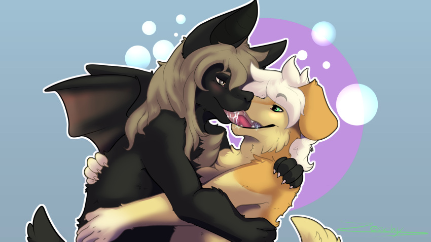 anthro biobatz blush bodily_fluids canid canine canis chiropteran claws domestic_dog dragollo drooling duo extreme_french_kiss french_kissing hi_res kissing male male/male mammal oral saliva throat_buldge tongue_in_mouth tongue_insertion