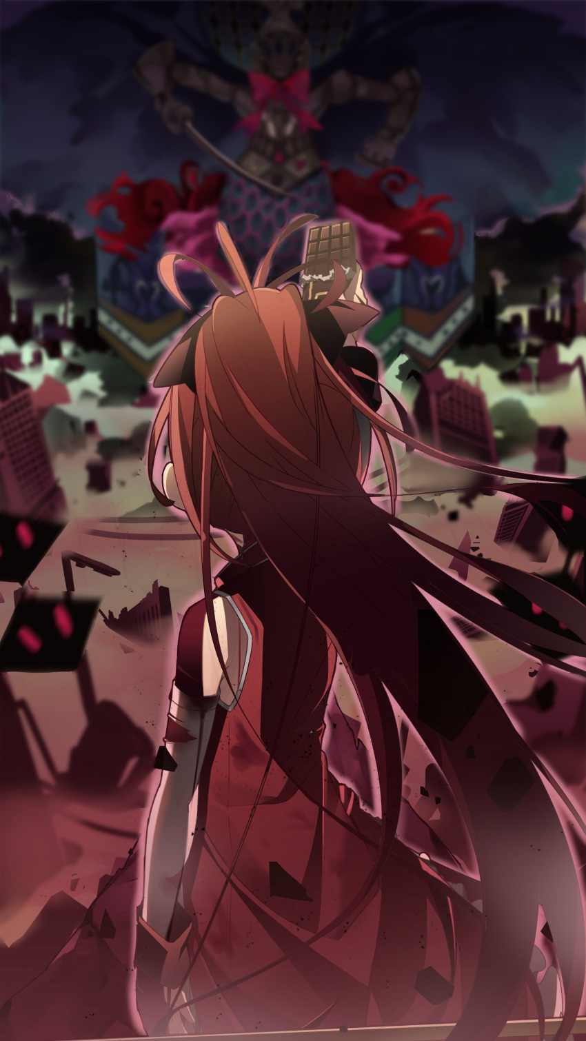 1girl absurdres arm_at_side black_ribbon blood blood_trail bloody_clothes blueodh blurry blurry_background building candy candy_wrapper chocolate chocolate_bar cuts debris destruction detached_sleeves food from_behind hair_ribbon high_ponytail highres holding holding_food injury long_hair mahou_shoujo_madoka_magica oktavia_von_seckendorff outstretched_arm ponytail red_hair ribbon sakura_kyouko sleeveless solo_focus torn_clothes torn_sleeves witch_(madoka_magica)