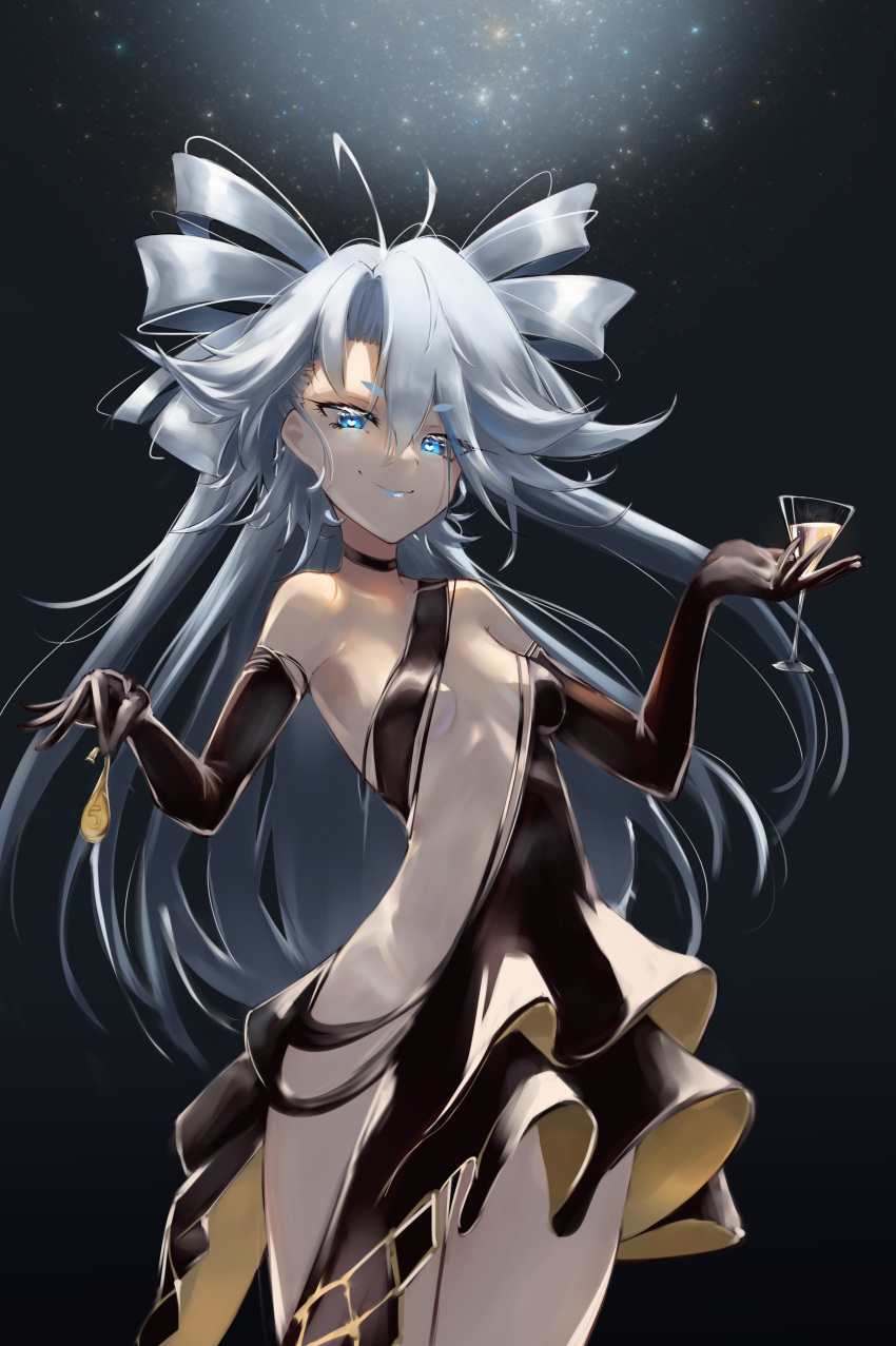 1girl absurdres blue_eyes breasts dress elbow_gloves evening_gown girls_frontline gloves highres long_hair marrrrrr no_panties official_alternate_costume pa-15_(girls_frontline) silver_hair small_breasts smile solo very_long_hair