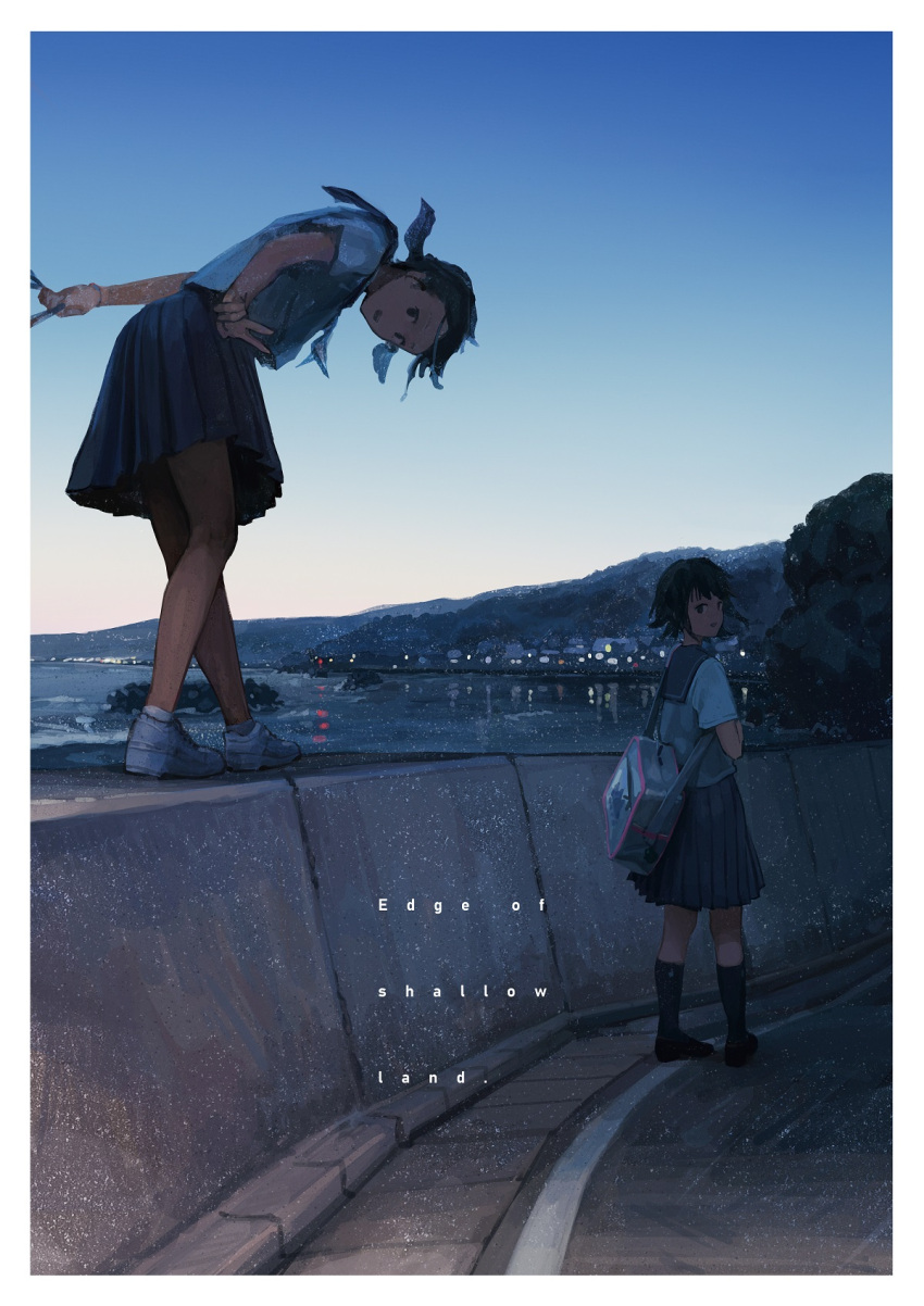 2girls ankle_socks bag bent_over black_eyes black_hair blurry bob_cut city_lights dark depth_of_field dusk english_text highres hill island kneehighs light_particles looking_at_viewer looking_back multiple_girls ocean original outdoors pleated_skirt ponytail reflection road scenery school_bag school_uniform serafuku shoes short_hair short_ponytail skirt sky smile sneakers street walking walking_on_railing water yakikoke