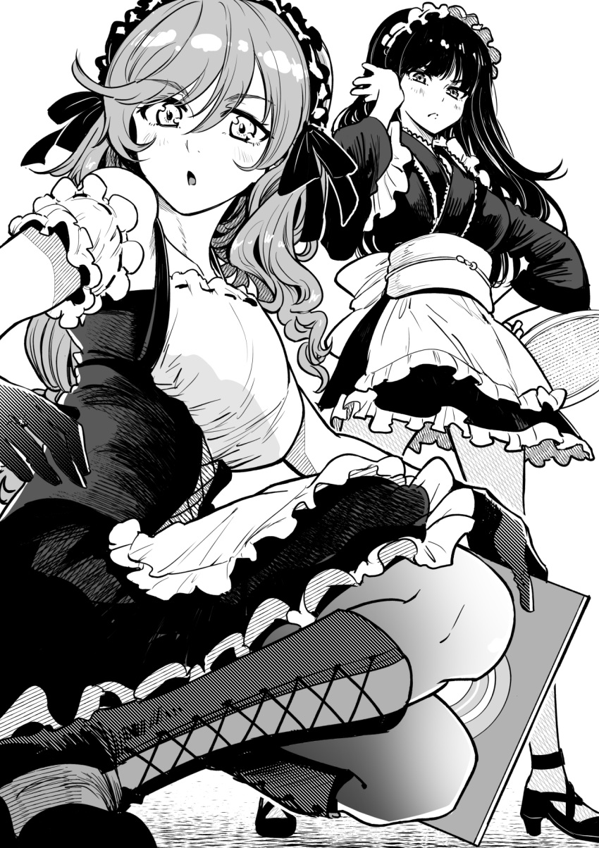 2girls alternate_costume apron bangs bonkara_(sokuseki_maou) boots chestnut_mouth closed_mouth commentary cross-laced_footwear dress enmaided eyebrows_visible_through_hair frilled_apron frilled_dress frilled_hairband frilled_sleeves frills frown girls_und_panzer glaring gloves greyscale hairband hand_in_hair hand_on_hip highres holding holding_menu holding_tray japanese_clothes knee_boots lace-up_boots long_hair long_sleeves looking_at_viewer maid mature_female menu monochrome multiple_girls nishizumi_shiho obi open_mouth pantyhose sash shimada_chiyo short_dress short_sleeves squatting standing straight_hair tray wa_maid waist_apron