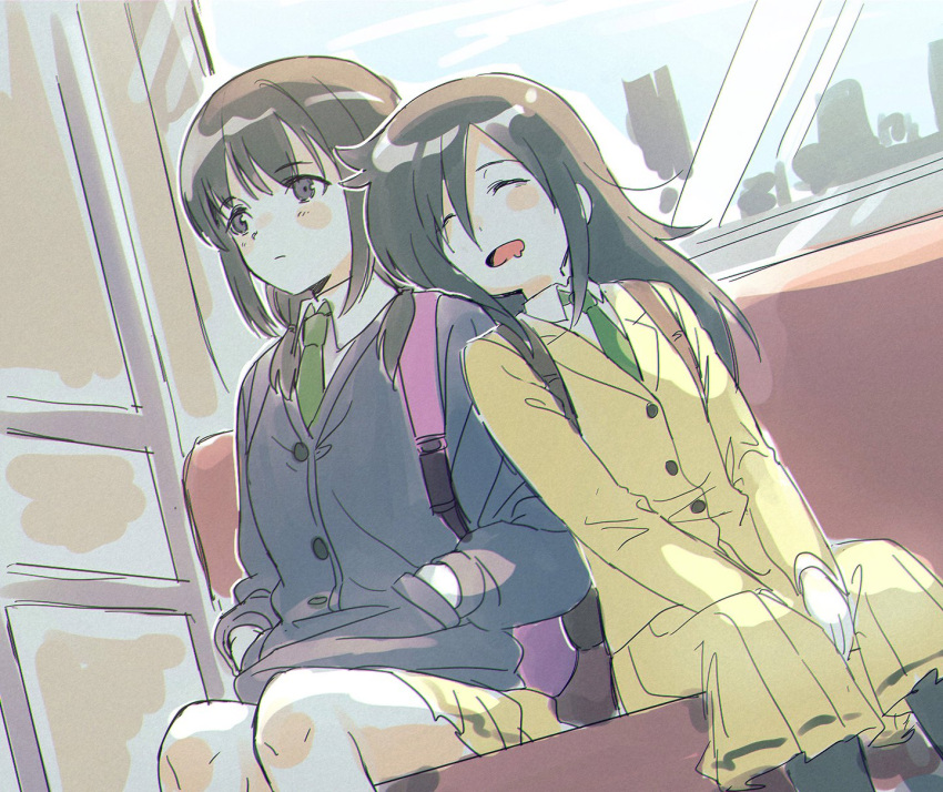 2girls arms_between_legs backpack bag black_cardigan black_eyes black_hair black_stripes blush cardigan closed_mouth commentary_request drooling dutch_angle expressionless eyebrows_visible_through_hair green_neckwear ground_vehicle hair_over_shoulder hands_in_pockets highres jacket kuroki_tomoko leaning_on_person long_hair long_skirt long_sleeves looking_away low_twintails miniskirt multiple_girls necktie open_mouth pink_bag pleated_skirt school_uniform seat single_stripe sitting skirt sleeping sleeping_on_person sleeping_upright subway tamura_yuri train_interior twintails watashi_ga_motenai_no_wa_dou_kangaetemo_omaera_ga_warui! window yellow_jacket yellow_skirt yuzu_sato