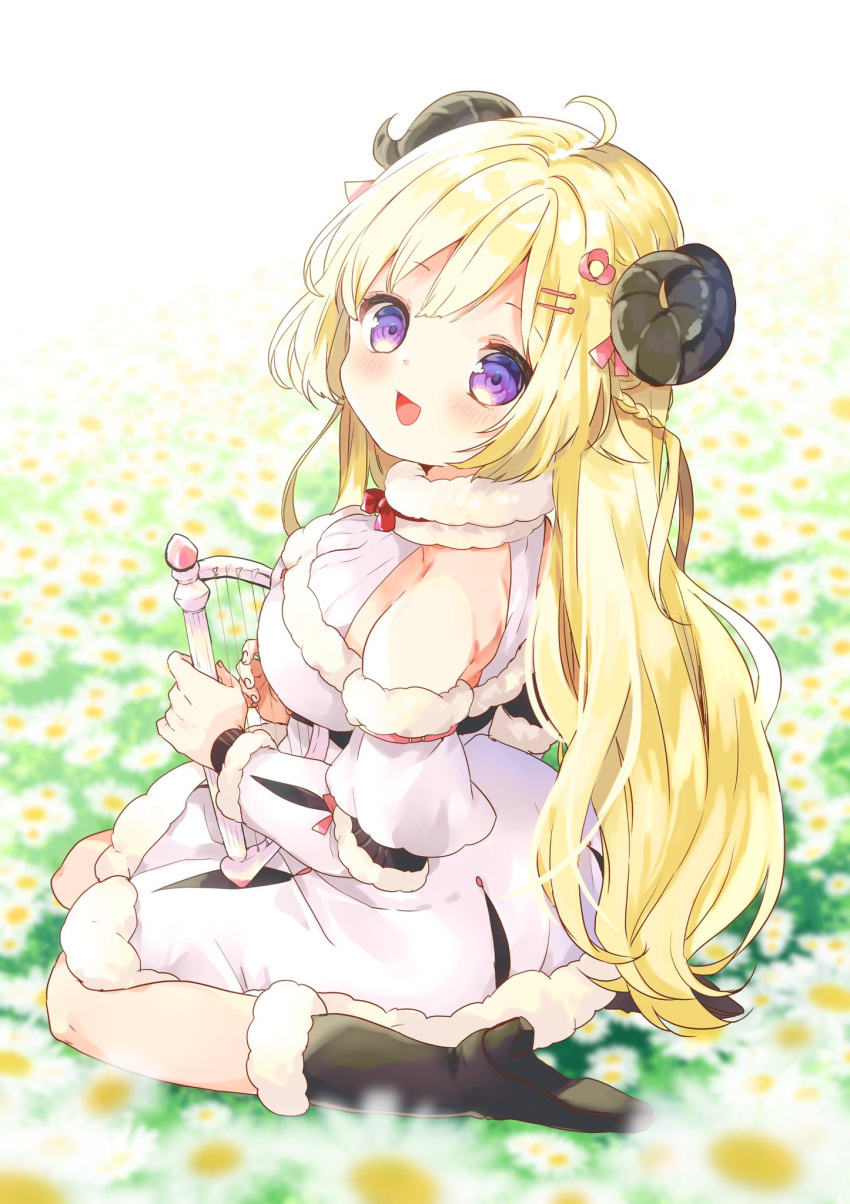 1girl blonde_hair braid breasts commentary daisy dress field flower flower_field from_side fur-trimmed_dress fur-trimmed_sleeves fur_trim hair_ornament hairclip harpy highres hololive horns kosuzume large_breasts looking_at_viewer monster_girl open_mouth purple_eyes sheep_girl sheep_horns sitting smile solo symbol_commentary tsunomaki_watame virtual_youtuber wariza white_dress