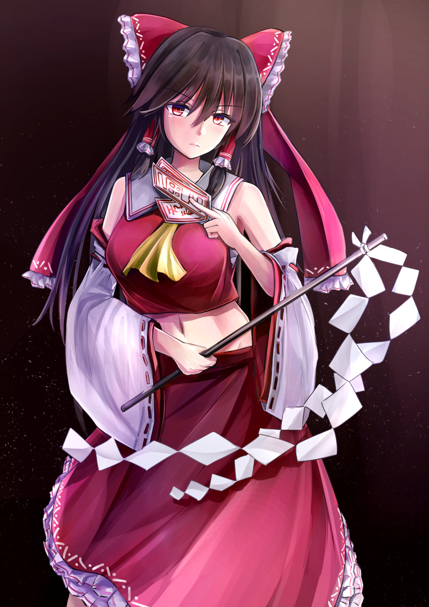 1girl 3books absurdres ascot bare_shoulders between_fingers black_hair bow breasts brown_background detached_sleeves expressionless feet_out_of_frame gohei hair_bow hair_tubes hakurei_reimu highres holding holding_stick large_breasts long_hair looking_at_viewer midriff navel ofuda red_eyes red_skirt red_vest simple_background skirt solo stick touhou very_long_hair vest yellow_neckwear