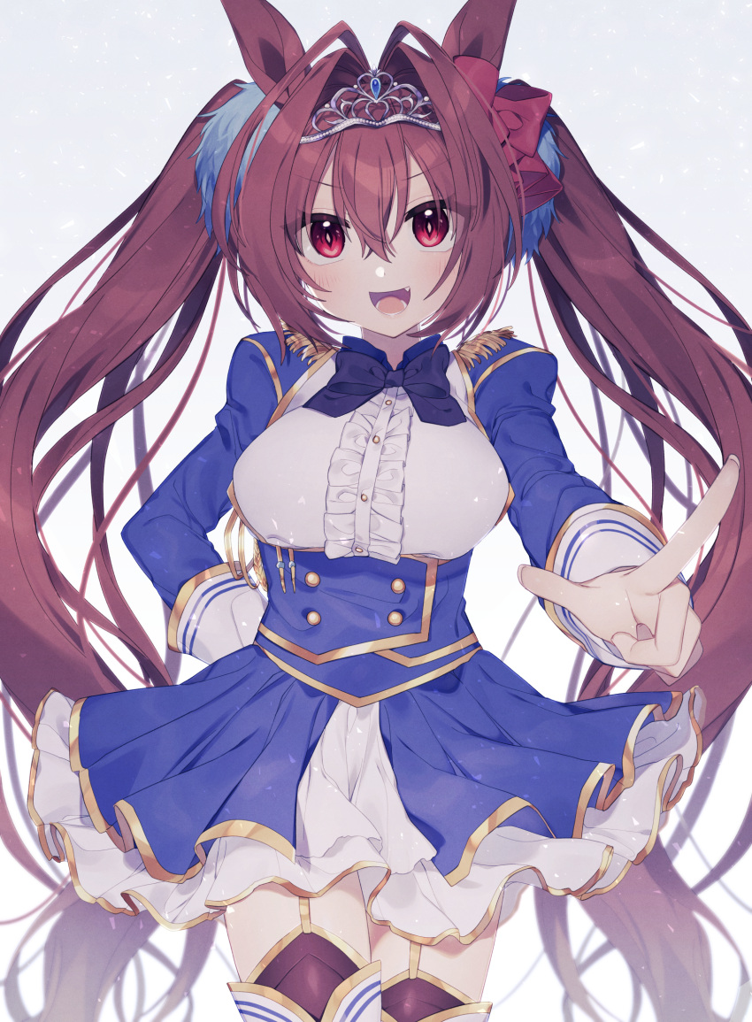 1girl :d animal_ears bangs black_legwear blue_skirt breasts brown_hair center_frills commentary_request daiwa_scarlet_(umamusume) epaulettes eyebrows_visible_through_hair fang frills garter_straps grey_background hair_between_eyes hair_intakes highres horse_ears index_finger_raised jacket juliet_sleeves large_breasts long_hair long_sleeves looking_at_viewer minamiya_mia open_clothes open_jacket open_mouth outstretched_arm pleated_skirt puffy_sleeves red_eyes shirt skirt smile solo thighhighs tiara twintails umamusume v-shaped_eyebrows very_long_hair white_legwear white_shirt