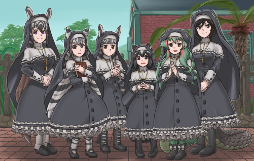 6+girls artist_request black_dress black_mamba_(kemono_friends) boomslang_(kemono_friends) chapman's_zebra_(kemono_friends) character_request dress haegiwa_gonbee kemono_friends latin_cross multiple_girls nun palm_tree plains_zebra_(kemono_friends) quagga_(kemono_friends) source_request spotted_skunk_(kemono_friends) tagme tail tree veil