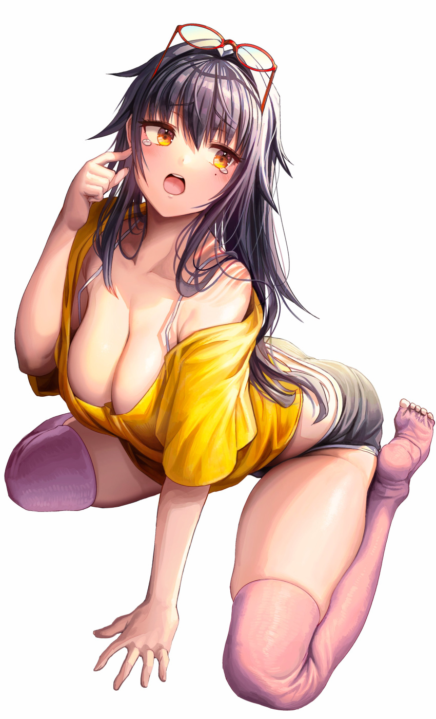 1girl absurdres arm_support bangs bare_shoulders black_shorts breasts cleavage eyebrows_visible_through_hair eyewear_on_head finger_to_cheek gibagiba highres kneeling large_breasts mole mole_under_eye off_shoulder open_mouth original purple_hair shirt short_shorts shorts tears thighhighs thighs yellow_eyes yellow_shirt