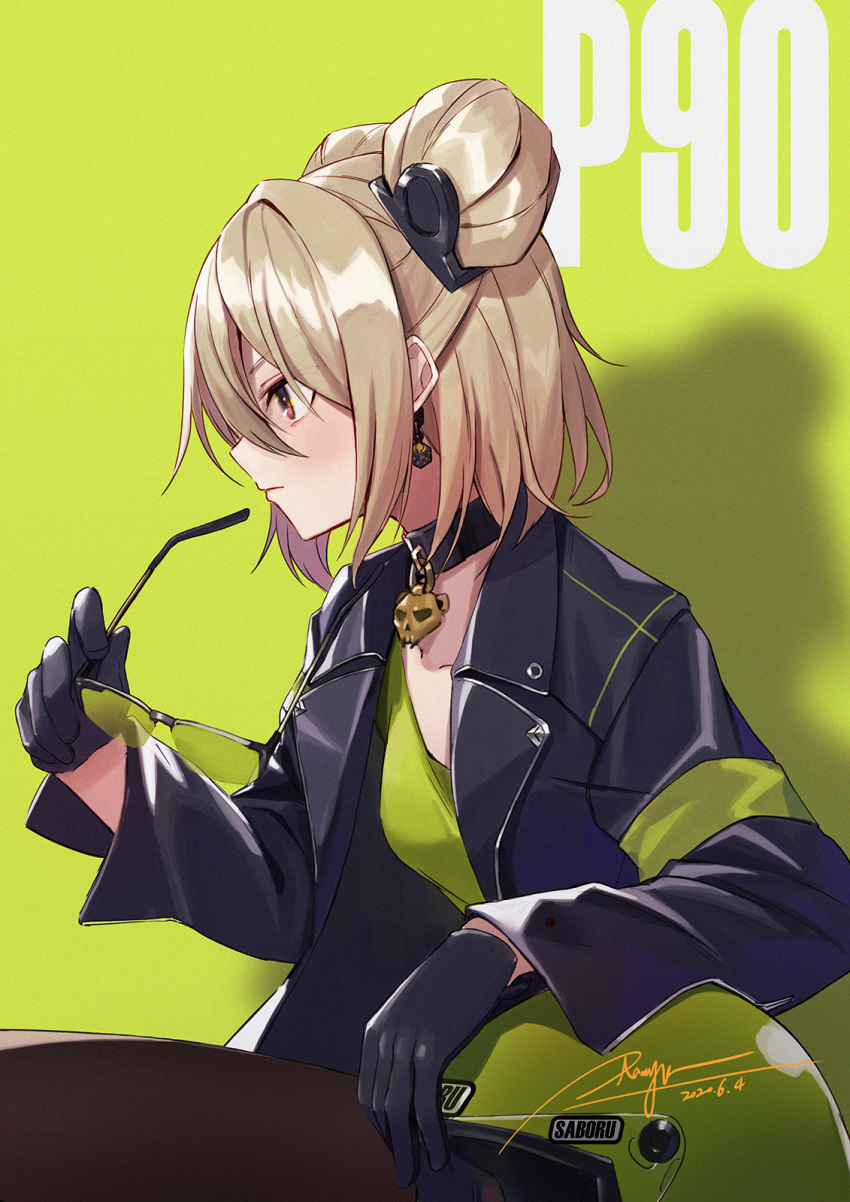 1girl bangs black-framed_eyewear black_gloves black_jacket blonde_hair blush brown_legwear character_name closed_mouth collar commentary dated dice_earrings double_bun earrings eyebrows_visible_through_hair eyewear_removed girls_frontline glasses gloves green_background green_shirt hair_between_eyes headwear_removed helmet helmet_removed highres holding holding_eyewear jacket jewelry long_sleeves motorcycle_helmet open_clothes open_jacket over-rim_eyewear p90_(girls_frontline) pantyhose profile ranyu red_eyes semi-rimless_eyewear shirt short_hair sidelocks signature simple_background sitting solo v-shaped_eyebrows