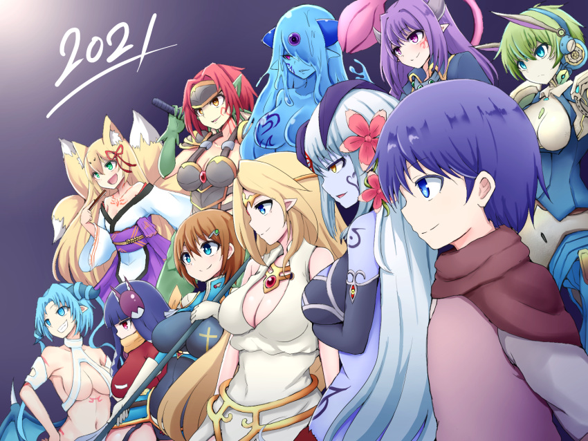 1boy 2021 6+girls alipheese_fateburn_xvi alma_elma animal_ear_fluff animal_ears arm_tattoo armor bangs bare_shoulders blonde_hair blue_eyes breastplate breasts brynhildr_(mon-musu_quest!) cape circlet cleavage closed_mouth collarbone collared_jacket colored_skin commentary_request cross_print demon_girl demon_horns dragon_girl elbow_gloves elvetie everyone eyebrows_visible_through_hair facial_tattoo fan flower folding_fan fox_ears fox_tail gloves granberia green_eyes green_hair grin hair_flower hair_ornament highres hime_cut holding holding_fan holding_weapon horns ilias japanese_clothes jewelry kitsune large_breasts long_hair looking_to_the_side luka_(mon-musu_quest!) mon-musu_quest! mon-musu_quest:_paradox monster_girl morrigan_(mon-musu_quest!) multiple_girls multiple_tails navel necklace nuruko one_eye_covered open_mouth pointy_ears purple_hair raichi_(ddq0246) red_eyes red_flower red_hair robot scarf short_hair shoulder_pads silver_hair simple_background sleeveless slime_girl smile sonya_(mon-musu_quest!) stomach_tattoo tail tamamo_(mon-musu_quest!) tattoo teeth tongue weapon white_gloves yellow_eyes