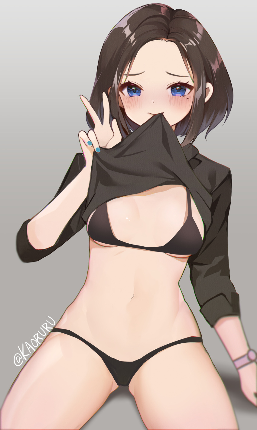 1girl absurdres atobesakunolove black_bra black_panties black_skirt blue_eyes blue_nails blush bra breasts brown_hair clothes_lift commentary highres looking_at_viewer medium_hair mole mole_under_eye mouth_hold nail_polish navel panties samsung samsung_sam shirt_in_mouth skirt small_breasts solo stomach twitter_username underwear w watch wristwatch