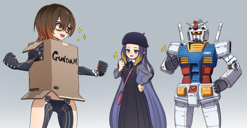 2girls bag beret box brown_hair camouflage camouflage_jacket cardboard_box cardboard_box_gundam clenched_hand clenched_hands cropped_jacket english_commentary forehead gradient gradient_background gradient_hair gundam hand_on_hip handbag hat highres hololive hololive_english jacket long_hair mecha mechanical_arms mechanical_legs meme mixed-language_commentary mobile_suit mobile_suit_gundam multicolored_hair multiple_girls ninomae_ina'nis nyaring943 parody pink_bag pink_hair purple_eyes purple_hair roboco-san rx-78-2 science_fiction short_hair sparkle thumbs_up v-fin very_long_hair yellow_eyes