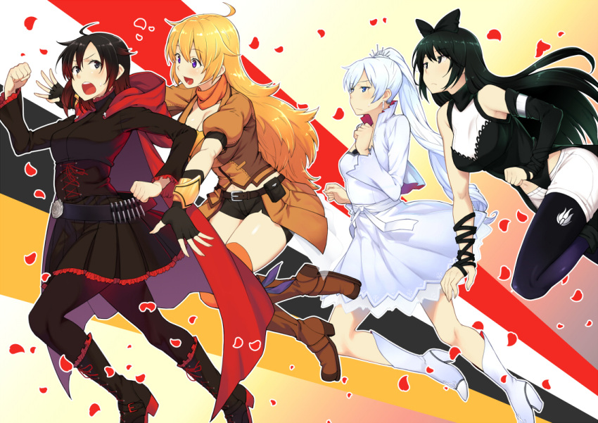 4girls :d ahoge bare_shoulders belt black_gloves black_hair black_legwear black_shirt black_shorts black_skirt blake_belladonna blonde_hair blush boots breasts brown_footwear brown_jacket cape cleavage closed_mouth crown dress earrings fingerless_gloves gloves gradient gradient_hair gradient_legwear hiroya_juuren hug hug_from_behind jacket jewelry large_breasts long_hair long_sleeves miniskirt multicolored_hair multiple_girls open_mouth pantyhose petals pleated_skirt ponytail puffy_short_sleeves puffy_sleeves purple_eyes purple_legwear red_cape red_hair rose_petals ruby_rose running rwby scar scar_across_eye shirt short_shorts short_sleeves shorts showgirl_skirt skirt smile weiss_schnee white_dress white_shorts yang_xiao_long