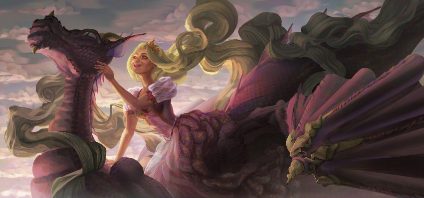 1girl absurdly_long_hair absurdres barbie_(franchise) barbie_as_rapunzel barbie_movies blonde_hair blue_eyes breasts cloud commentary corset cosplay crown daenerys_targaryen daenerys_targaryen_(cosplay) dark_sky dragon dragon_riding dragon_wings dress english_commentary flower flower_ornament flying gown hair_blowing hand_on_another's_face highres long_hair looking_at_another medieval nevagames older penelope_(barbie) petting puffy_short_sleeves puffy_sleeves purple_dress rapunzel rapunzel_(barbie) riding rose short_sleeves smile tiara very_long_hair wavy_hair wings