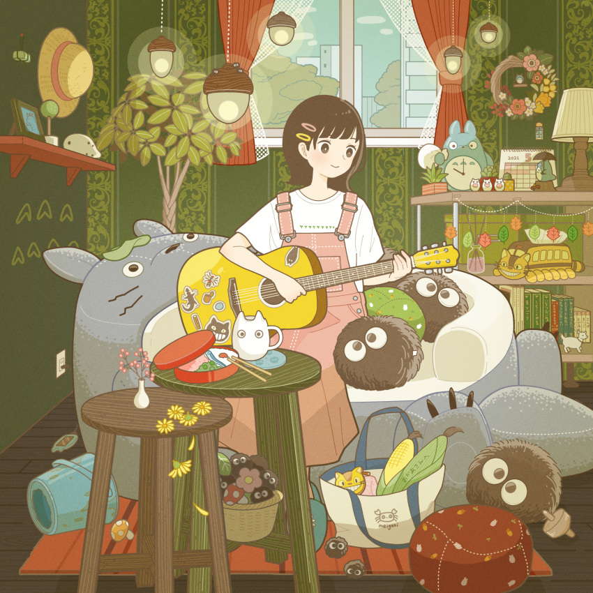 1girl bag basket black_eyes black_hair book bucket calendar_(object) clock curtains electric_socket flower guitar hair_ornament hairclip hat highres indoors instrument lamp leaf medium_hair music nekobus original pink_flower pink_overalls plant playing_instrument shelf shirt short_sleeves sitting solo tonari_no_totoro totoro white_shirt window yellow_flower yoshimon