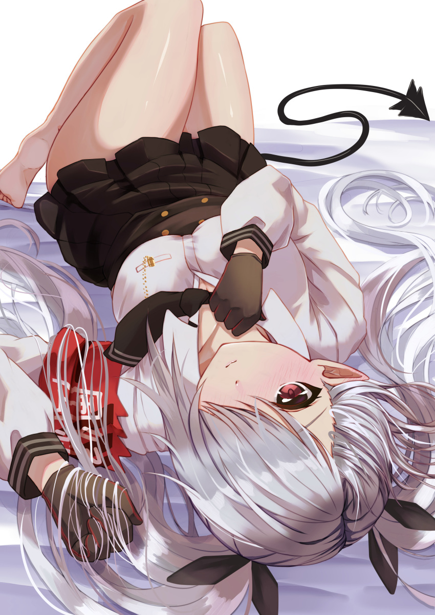 1girl absurdres armband bare_legs barefoot bed_sheet black_gloves black_neckwear black_ribbon black_skirt blue_archive blush breasts cleavage closed_mouth commentary_request demon_tail gloves hair_over_one_eye hair_ribbon hand_in_hair hand_on_own_chest high-waist_skirt highres iori_(blue_archive) knees_up li_zhu long_hair long_sleeves looking_at_viewer lying medium_breasts necktie on_back on_bed pleated_skirt pointy_ears red_eyes ribbon silver_hair simple_background skirt smile solo tail thighs twintails upside-down very_long_hair white_background