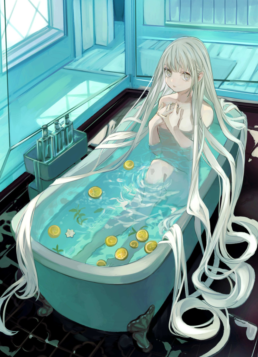 1girl absurdly_long_hair absurdres bath bathing bathtub breasts claw_foot_bathtub collarbone commentary completely_nude english_commentary food fruit grey_eyes grey_hair hair_flowing_over hands_on_own_chest highres indoors knee_up leaf long_hair nude original parted_lips partially_submerged shampoo_bottle small_breasts solo tile_floor tiles tokiwata_soul very_long_hair water_censor window yuzu_(fruit) yuzu_bath