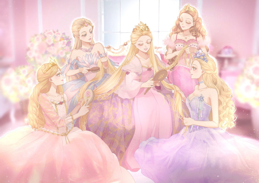 5girls anneliese_(barbie) annika_(barbie) ballerina ballet_dress barbie_(character) barbie_(franchise) barbie_and_the_magic_of_pegasus barbie_as_rapunzel barbie_as_the_princess_and_the_pauper barbie_in_the_nutcracker barbie_movies barbie_of_swan_lake bedroom blonde_hair blue_eyes bow braid brushing_another's_hair choker clara_(barbie) clara_(the_nutcracker) closed_eyes color_connection corset crossover crown curly_hair dress feather-trimmed_sleeves feather_dress feathers flower formal friends gem gown hair_brush hair_brushing hair_color_connection hair_pulled_back holding holding_another's_hair holding_hair indoors jewelry juliet_sleeves light_blue_eyes long_hair long_sleeves look-alike looking_at_mirror mirror multiple_braids multiple_girls muted_color necklace odette_(barbie) okitafuji pale_color pastel_colors pink_background pink_dress princess princess_and_the_pauper puffy_sleeves purple_dress rapunzel rapunzel_(barbie) rapunzel_(grimm) ribbon ringlets rose seiza sitting sleeveless sleeveless_dress smile the_nutcracker tiara vase very_long_hair