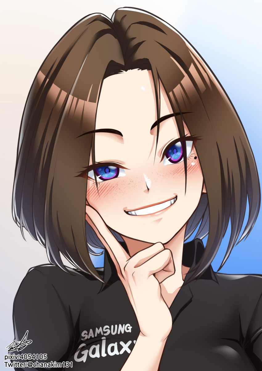 1girl absurdres artist_name black_shirt blue_eyes blush brown_hair chanakim face grin half-closed_eye highres looking_at_viewer mole mole_under_eye samsung samsung_sam shirt short_hair signature smile solo