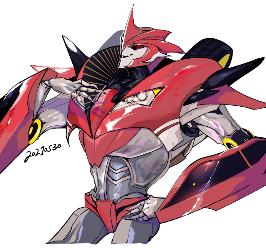 1boy 2021 black_sclera car colored_sclera dated decepticon ground_vehicle hand_on_hip hand_on_own_chest highres knockout_(transformers) long_fingers mecha mochako_(motyako_1005) motor_vehicle no_humans pose red_eyes shoulder_spikes spikes transformers transformers_prime window
