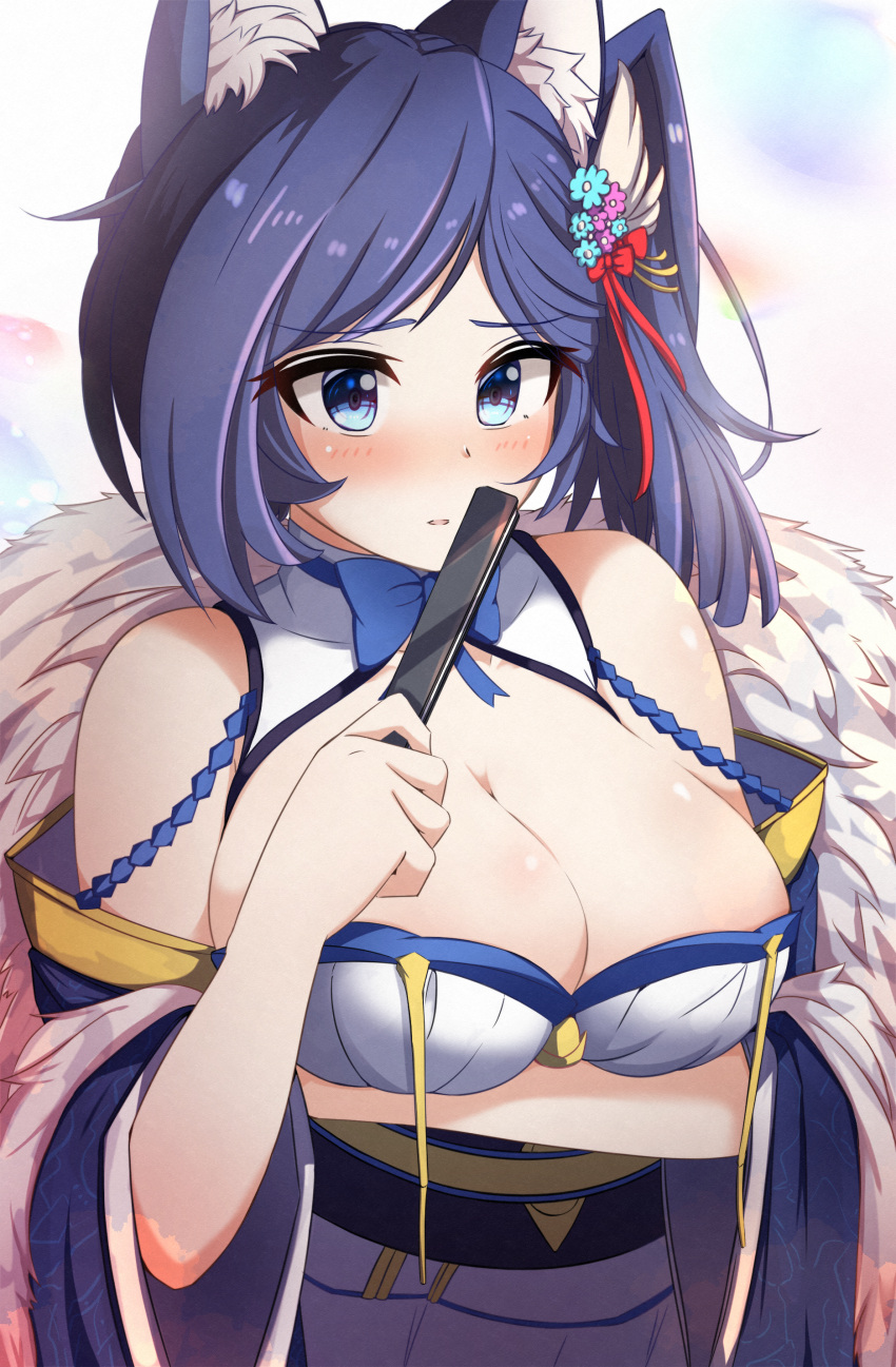 1girl absurdres animal_ear_fluff animal_ears azur_lane blue_eyes blue_hair blue_ribbon breast_hold breasts cleavage closed_fan detached_collar embarrassed eyebrows_visible_through_hair fan folding_fan fox_ears fox_tail fur_scarf gradient gradient_background hanehituzi4410 highres holding holding_fan japanese_clothes jintsuu_(azur_lane) large_breasts long_hair obi open_mouth ribbon sash solo tail torn_clothes upper_body white_background wide_sleeves
