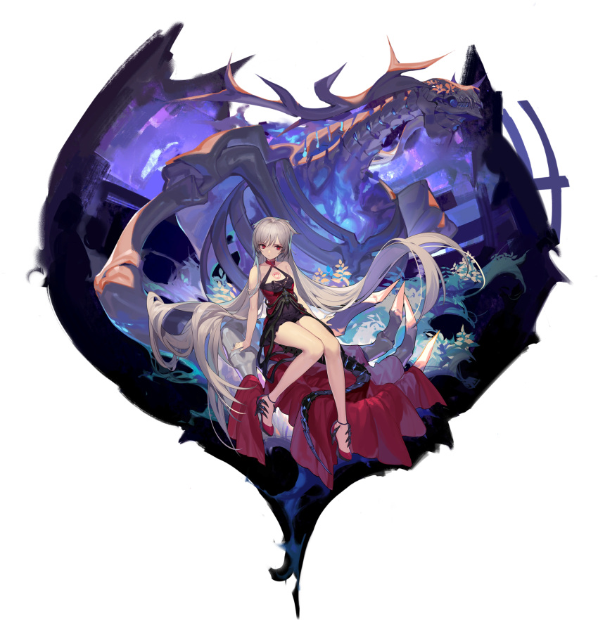 1girl absurdly_long_hair artist_request azur_lane black_bow black_dress bow breasts check_artist choker cleavage dress evening_gown eyebrows_visible_through_hair full_body halterneck high_heels highres huanxiang_heitu long_dress long_hair mechanical_tail montpelier_(azur_lane) montpelier_(persephone's_throne)_(azur_lane) official_alternate_costume official_art red_choker red_dress red_eyes red_footwear silver_hair sleeveless sleeveless_dress small_breasts solo tail transparent_background two-tone_dress very_long_hair