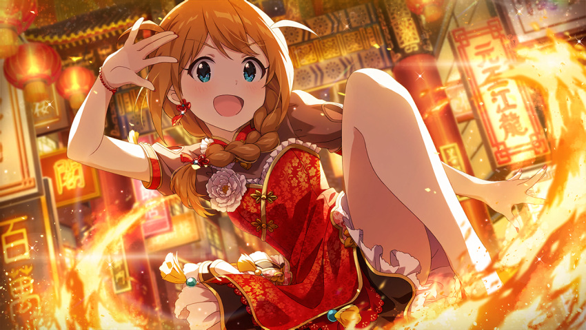 1girl antenna_hair aqua_eyes architecture baba_konomi bangs blush bracelet braid breasts brown_hair chinese_clothes dress earrings east_asian_architecture eyebrows_visible_through_hair fire floral_print flower frills idolmaster idolmaster_million_live! idolmaster_million_live!_theater_days jewelry lantern leg_up long_hair looking_at_viewer narumi_arata official_art puffy_short_sleeves puffy_sleeves red_dress red_nails short_sleeves small_breasts smile solo white_flower