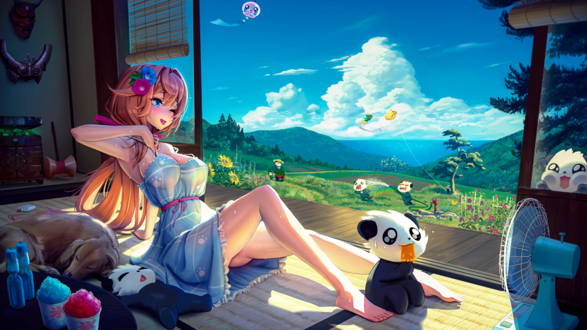 1girl absurdres adjusting_strap against_glass ass barefoot blue_eyes breasts brown_hair clickdraws cloud dog dress electric_fan eyebrows_visible_through_hair flower food forest glue hair_flower hair_ornament highres hose kite large_breasts legs long_hair nature one_eye_closed original panda paw_print popsicle rainbow ramune rory_(admiral_bahroo) samantha_(admiral_bahroo) see-through shaved_ice sitting spaghetti_strap strap_slip sunflower sunglasses sweat tatami tongue tongue_out tree triangle_mouth water wind_chime