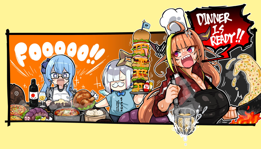 3girls absurdres ahoge alternate_costume amane_kanata angel apple_juice apron bangs baozi bib black_apron black_hairband blonde_hair blue_eyes blue_hair blue_neckwear blue_shirt blunt_bangs bob_cut border bottle bow bowtie breasts burger cheese chef_hat cleavage closed_eyes collarbone commentary_request cooking cup diagonal-striped_bow doukyo's dragon_girl dragon_horns dragon_tail dragon_tail_steak drinking_glass drooling english_commentary eyebrows_visible_through_hair fake_facial_hair fake_mustache fire flipping_food food fork french_fries fried_rice hair_over_one_eye hair_ribbon hairband halo hat highlights highres holding holding_fork holding_knife holding_tray hololive hood hood_down hooded_track_jacket horn_bow horns hoshimachi_suisei jacket ketchup_bottle kiryu_coco knife large_breasts long_hair mini_flag multicolored multicolored_eyes multicolored_hair multiple_girls mustard_bottle noodles official_alternate_costume open_mouth orange_hair pink_hair pizza pointy_ears pot pp_tenshi_t-shirt print_shirt purple_eyes red_eyes red_jacket ribbon sharp_teeth shirt short_hair short_sleeves side_ponytail sidelocks silver_hair single_hair_intake speech_bubble star-shaped_pupils star_(symbol) star_halo steam strainer streaked_hair striped striped_bow sweat symbol-shaped_pupils syoya t-shirt tail teeth track_jacket tray turkey_(food) upper_body upper_teeth virtual_youtuber wavy_hair wine_glass wok yellow_border