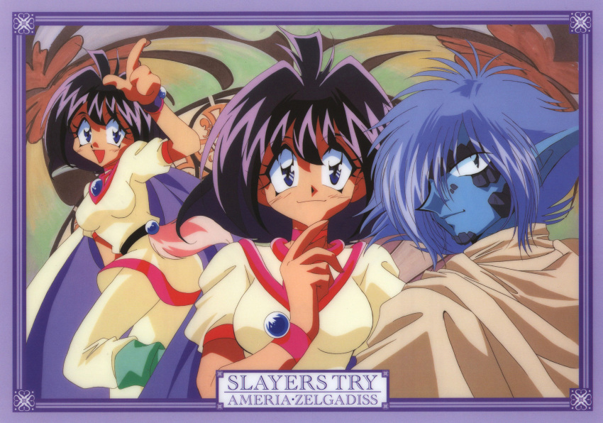 1990s_(style) 1boy 1girl amelia_wil_tesla_seyruun art_nouveau bangs black_hair blue_eyes blue_hair blue_skin border cape character_name choker colored_skin copyright_name highres index_finger_raised long_pointy_ears looking_at_viewer medium_hair official_art open_mouth pink_neckwear pointy_ears retro_artstyle scan slayers slayers_try smile wristband zelgadiss_graywords