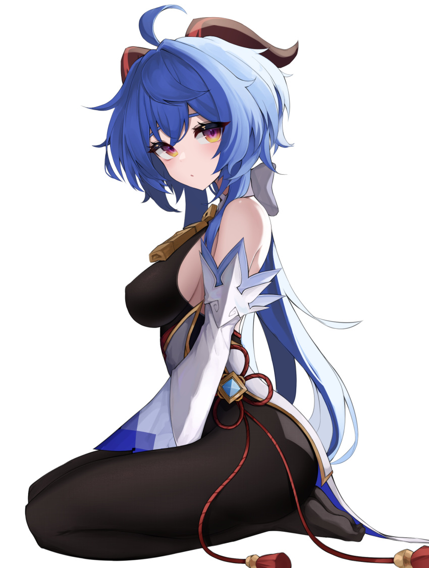 1girl bare_shoulders bell black_bodysuit black_legwear blue_hair bodysuit breasts cowbell detached_sleeves from_side full_body ganyu_(genshin_impact) genshin_impact goat_horns gradient_eyes highres horns large_breasts legs long_hair looking_at_viewer looking_to_the_side multicolored multicolored_eyes neck_bell no_bra no_shoes ohpe parted_lips red_eyes seiza sideboob simple_background sitting soles solo tassel white_background yellow_eyes