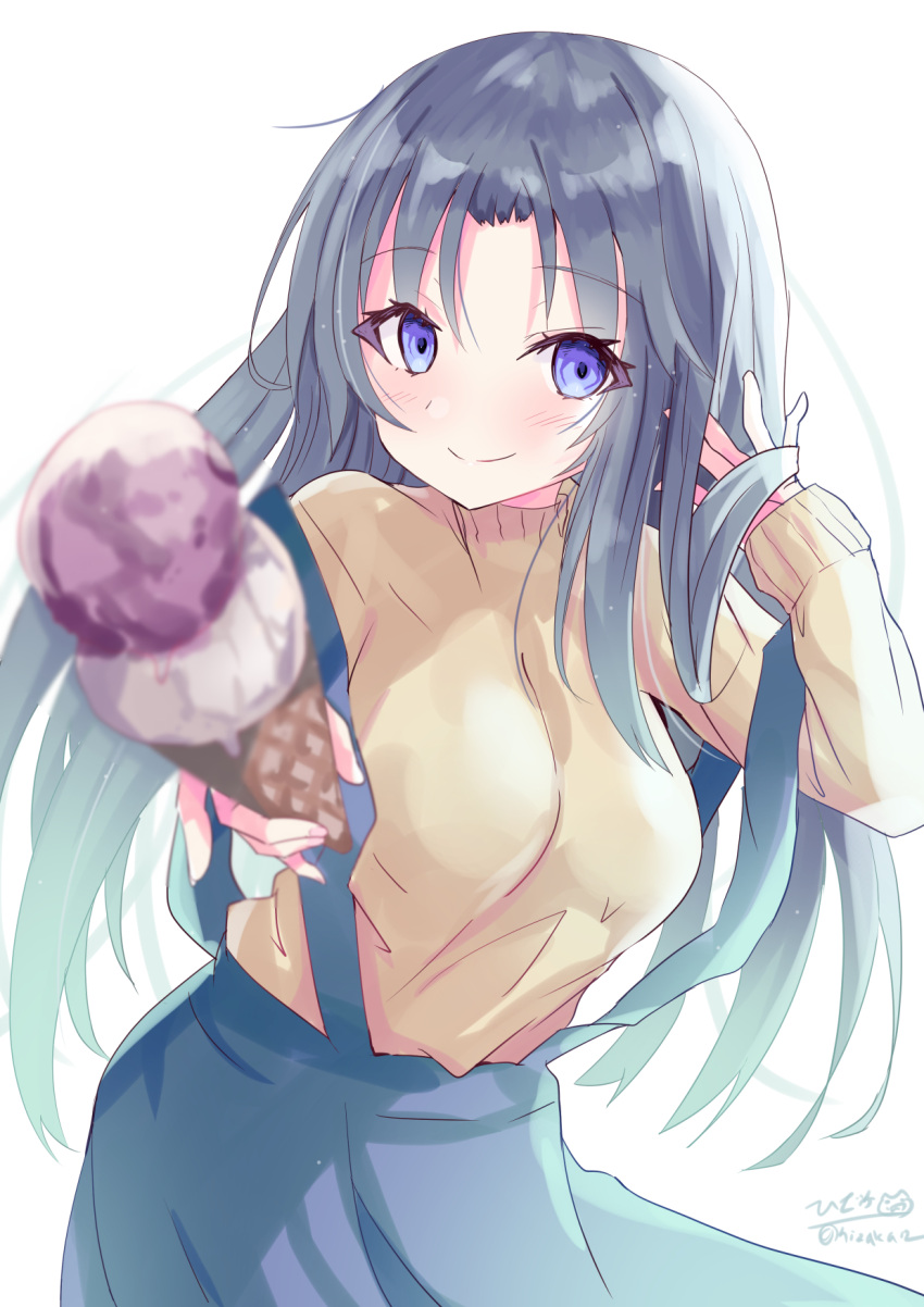 1girl bangs black_hair blue_eyes blue_skirt blurry blurry_foreground blush breasts brown_sweater closed_mouth commentary_request depth_of_field double_scoop eyebrows_visible_through_hair food hand_up highres hizaka holding holding_food ice_cream ice_cream_cone incoming_food kawana_misaki long_hair long_sleeves looking_at_viewer medium_breasts one parted_bangs signature simple_background skirt sleeves_past_wrists smile solo suspender_skirt suspenders sweater twitter_username very_long_hair white_background