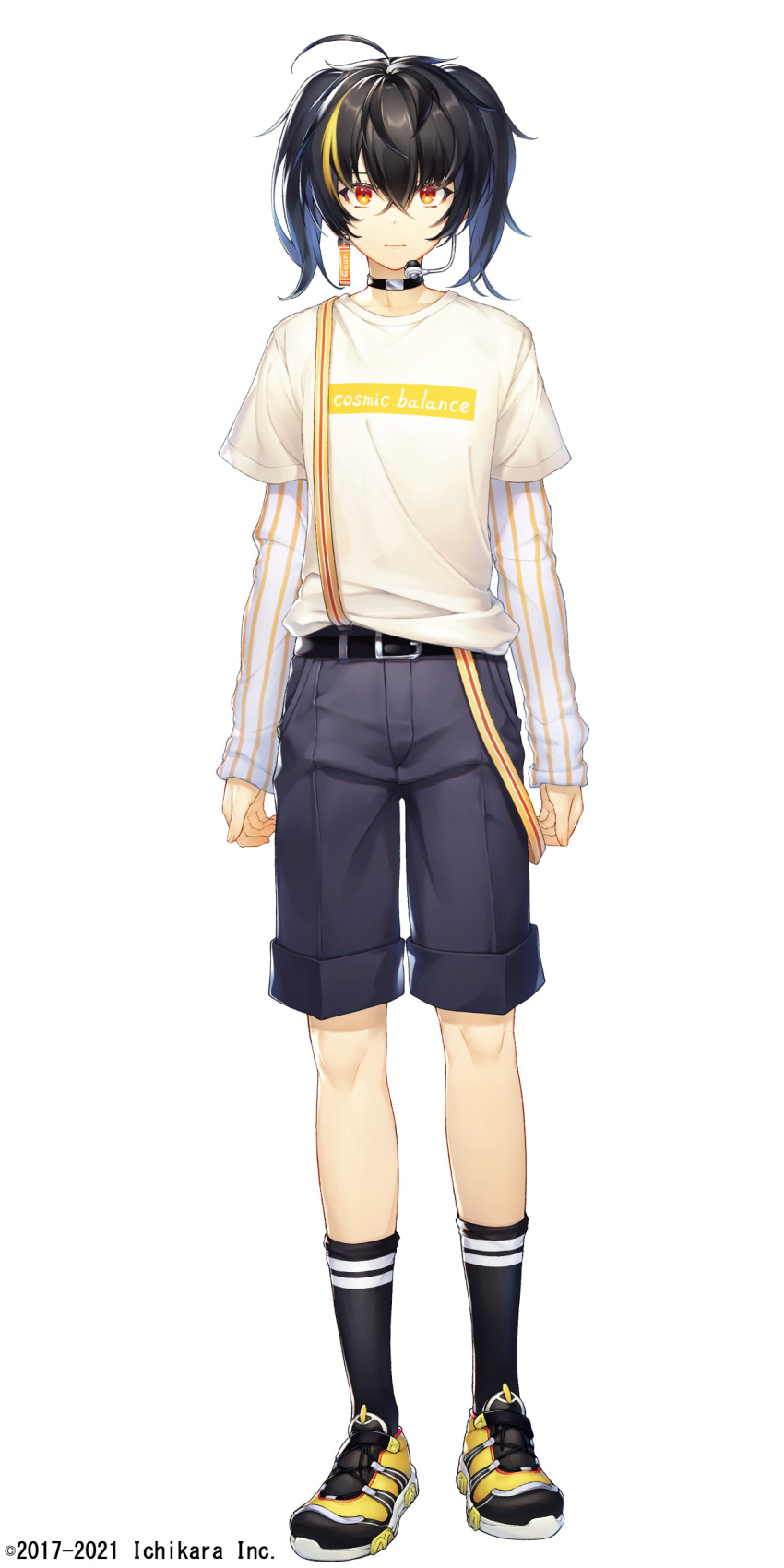 1boy absurdres bangs beige_shirt belt black_belt black_choker black_footwear black_hair blonde_hair brown_eyes choker dabuki full_body gaon_(nijisanji) grey_shorts hair_between_eyes headset highres long_sleeves looking_at_viewer male_focus multicolored_hair nijisanji nijisanji_kr official_art otoko_no_ko shoes shorts sneakers solo streaked_hair twintails virtual_youtuber white_background