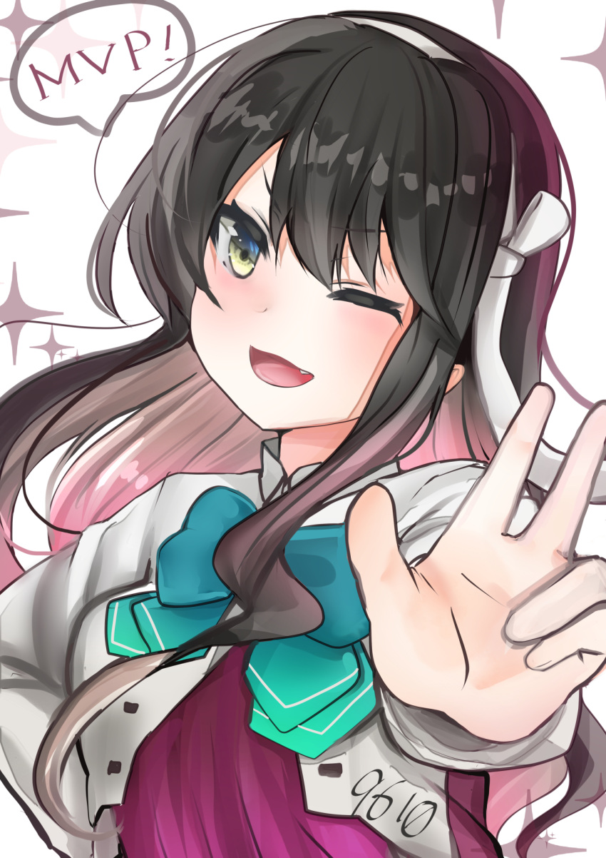 1girl black_hair blazer blue_neckwear commentary_request eiji_(monochromexd) fang hair_down hairband halterneck highres jacket kantai_collection long_hair looking_at_viewer multicolored_hair mvp naganami_(kancolle) pink_hair remodel_(kantai_collection) school_uniform solo sparkle_background two-tone_hair upper_body v wavy_hair white_background white_hairband