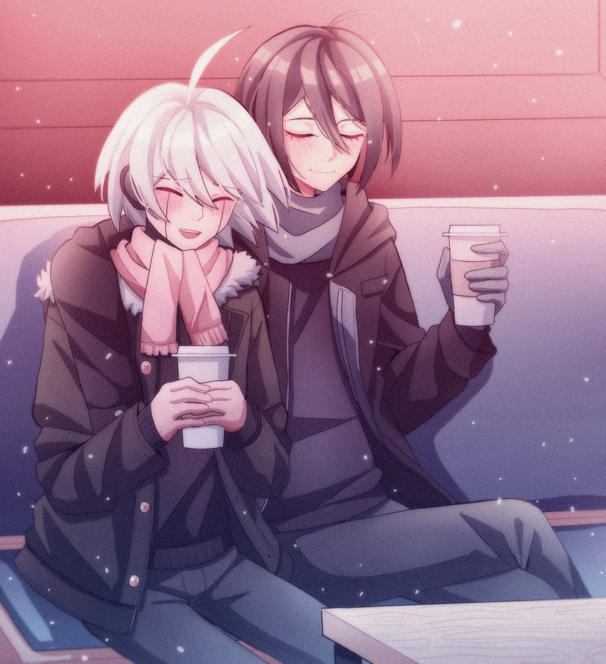 2boys :d ahoge bangs black_jacket black_sweater blush brown_hair brown_scarf cheer_(cheerkitty14) closed_eyes crossed_legs cup danganronpa_(series) danganronpa_v3:_killing_harmony disposable_cup fur_trim grey_hair grey_scarf highres holding holding_cup jacket keebo long_sleeves male_focus multiple_boys open_clothes open_jacket open_mouth pants saihara_shuuichi scarf shiny shiny_hair short_hair sitting sleeves_past_wrists smile sweater table