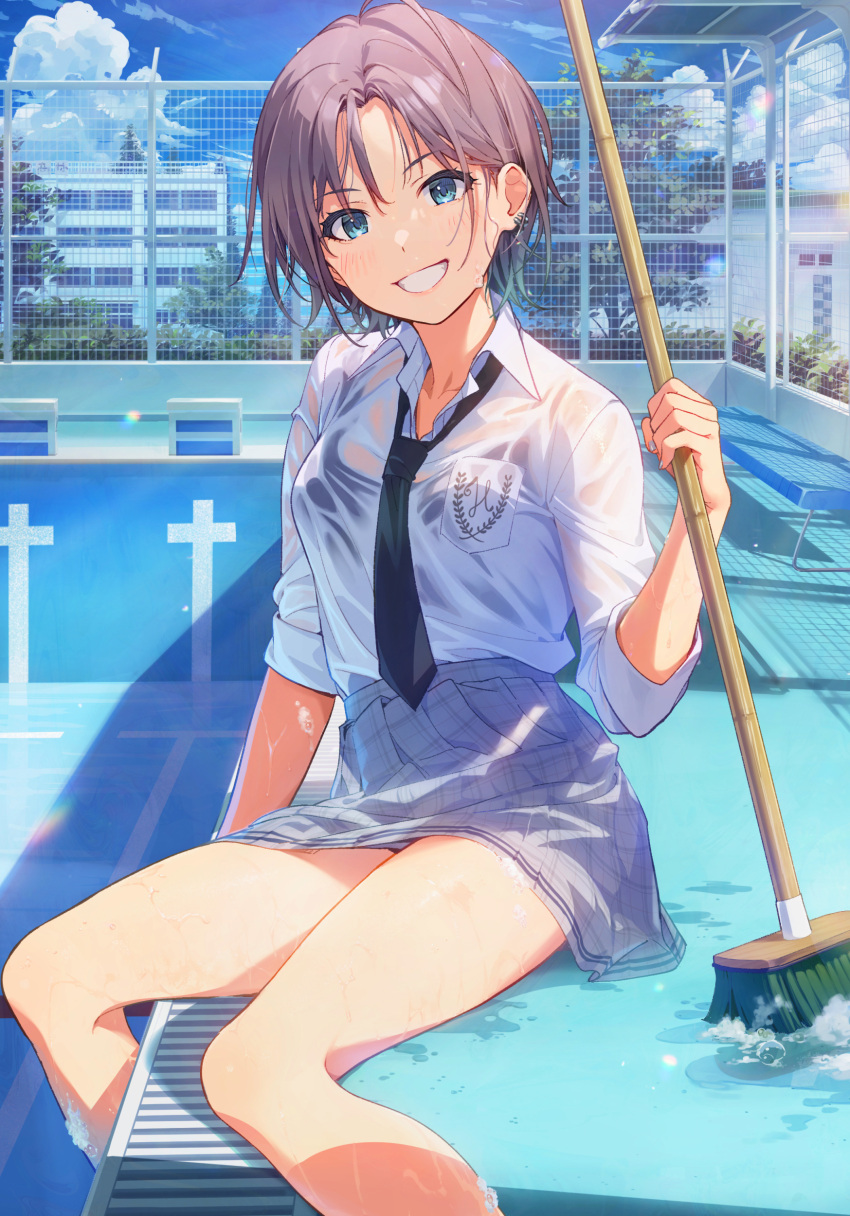 :d absurdres aqua_eyes asakura_tooru bangs bench black_neckwear blue_sky breast_pocket breasts broom cloud collared_shirt ear_piercing fence grey_skirt highres idolmaster idolmaster_shiny_colors joey_koguma light_blush looking_at_viewer multicolored_hair necktie open_mouth outdoors parted_bangs piercing plaid plaid_skirt pleated_skirt pocket pool poolside school shirt short_hair sitting skirt sky sleeves_rolled_up small_breasts smile two-tone_hair wet wet_clothes wet_shirt white_shirt