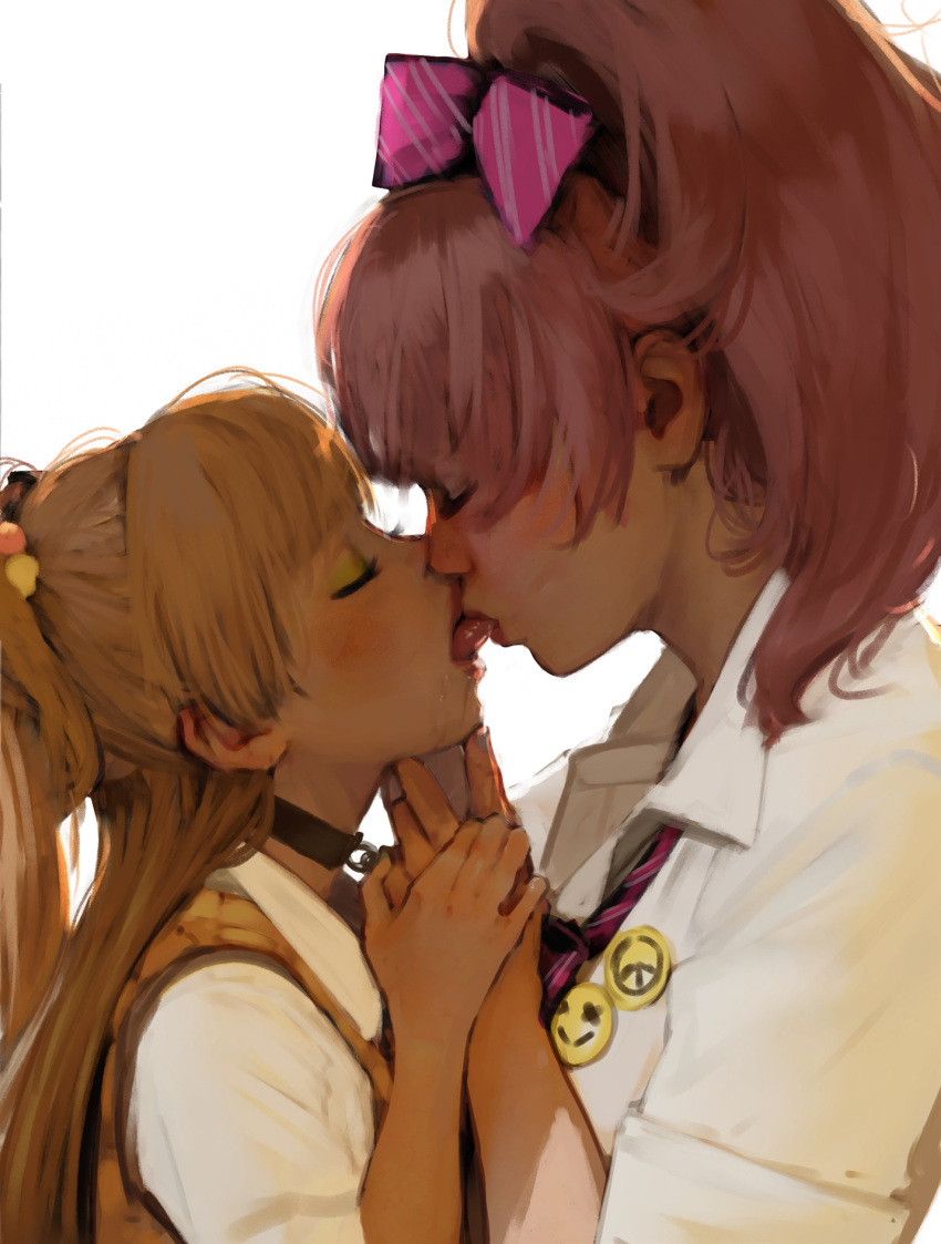 2girls blonde_hair blush choker closed_eyes diathorn drooling ears english_commentary eyeshadow french_kiss hair_bobbles hair_ornament hair_ribbon hand_on_another's_chin height_difference highres holding_hands idolmaster idolmaster_cinderella_girls incest jougasaki_mika jougasaki_rika kiss makeup multiple_girls necktie peace_symbol pin pink_hair ponytail ribbon saliva siblings sisters smiley_face tongue tongue_out tongue_suck white_background yuri