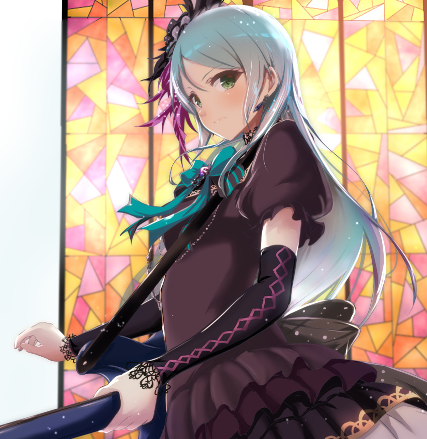 1girl bang_dream! bangs black_sleeves blush brown_dress closed_mouth detached_sleeves dress earrings feather_hair_ornament feathers floating_hair green_eyes guitar hair_between_eyes hair_ornament highres hikawa_sayo holding holding_instrument instrument jewelry layered_dress long_hair long_sleeves music ochi_r playing_instrument roselia_(bang_dream!) shiny shiny_hair short_sleeves silver_hair solo stained_glass standing very_long_hair