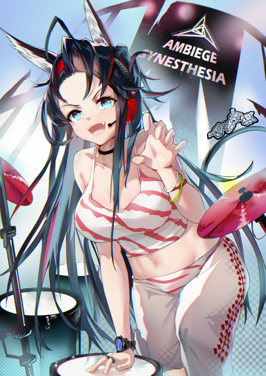 1girl :d animal_ears arknights arm_support bare_arms bare_shoulders black_choker black_hair blaze_(arknights) blaze_(burst_feline)_(arknights) blue_eyes breasts camisole cat_ears choker claw_pose crop_top dan_shuimo_yin drum drum_set fang forehead groin hand_up headphones headset highres instrument large_breasts long_hair looking_at_viewer midriff navel official_alternate_costume open_mouth pants smile solo spaghetti_strap stomach very_long_hair watch white_pants wristwatch