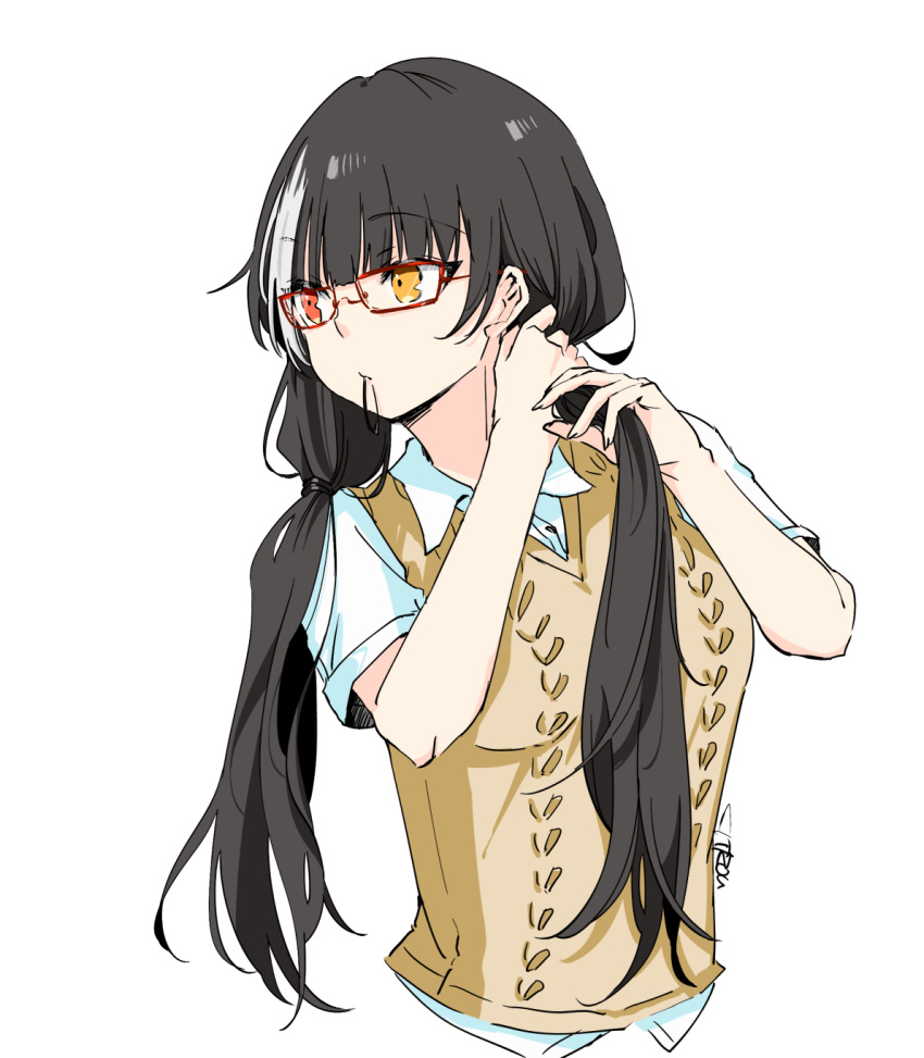 1girl artist_name bangs black_hair blunt_bangs breasts citron80citron collared_shirt commentary_request cropped_torso eyebrows_visible_through_hair girls_frontline glasses hair_tie_in_mouth heterochromia highres holding holding_hair long_hair looking_away looking_to_the_side low_tied_hair mouth_hold multicolored_hair red-framed_eyewear red_eyes ro635_(girls_frontline) shirt short_sleeves simple_background solo streaked_hair sweater_vest tied_hair twintails tying_hair upper_body white_background white_hair white_shirt yellow_eyes