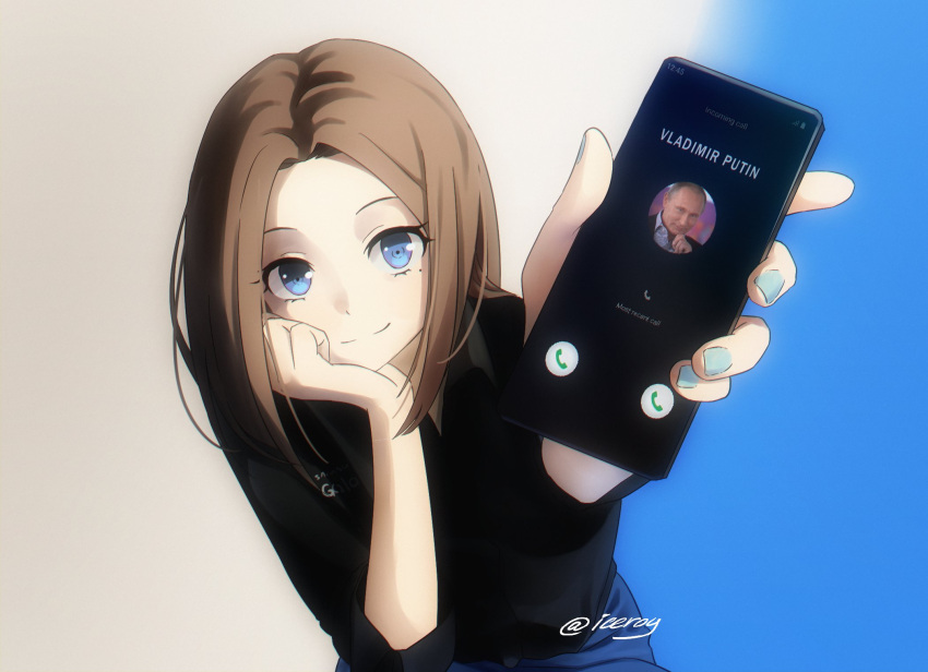 1girl aqua_nails black_shirt blue_background blue_eyes blue_pants brown_hair commentary gradient gradient_background head_rest highres holding holding_phone iceroy long_hair looking_at_viewer mole mole_under_eye pants phone politician real_life samsung samsung_sam shirt solo twitter_username upper_body vladimir_putin white_background