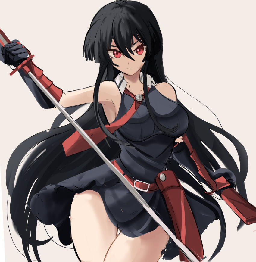 1girl akame akame_ga_kill! arm_up armpits beige_background belt belt_buckle black_hair breasts buckle cleavage collared_dress cowboy_shot hair_between_eyes highres holding holding_sheath holding_sword holding_weapon katana long_hair necktie rakeemspoon red_belt red_eyes sheath simple_background sleeveless solo sword vambraces very_long_hair weapon wing_collar